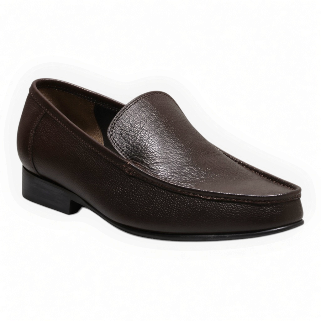 ARQS.PK men's dark brown textured leather slip-on loafers with apron stitching and a low-profile durable sole.