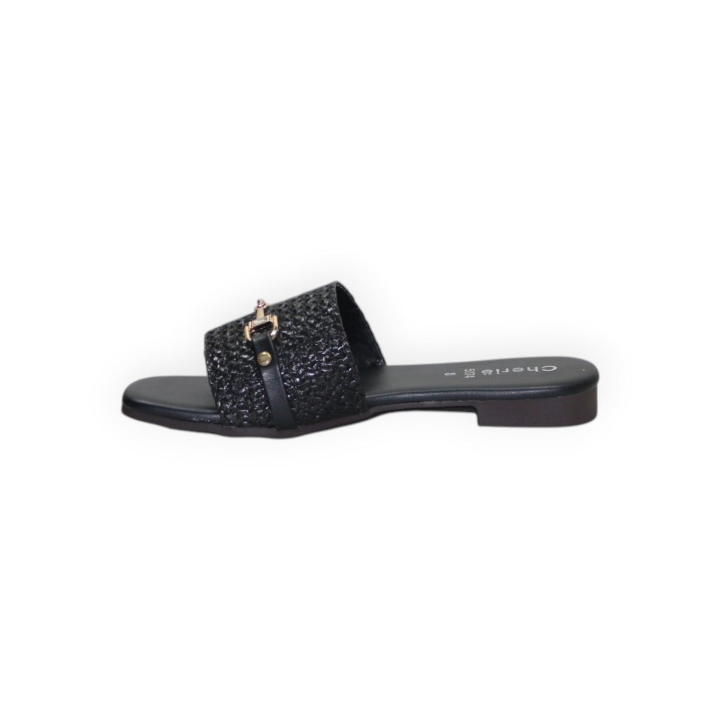 ARQS.PK 1609 black woven slide sandals with a gold-tone metal horsebit detail on a flat sole