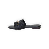 ARQS.PK 1609 black woven slide sandals with a gold-tone metal horsebit detail on a flat sole