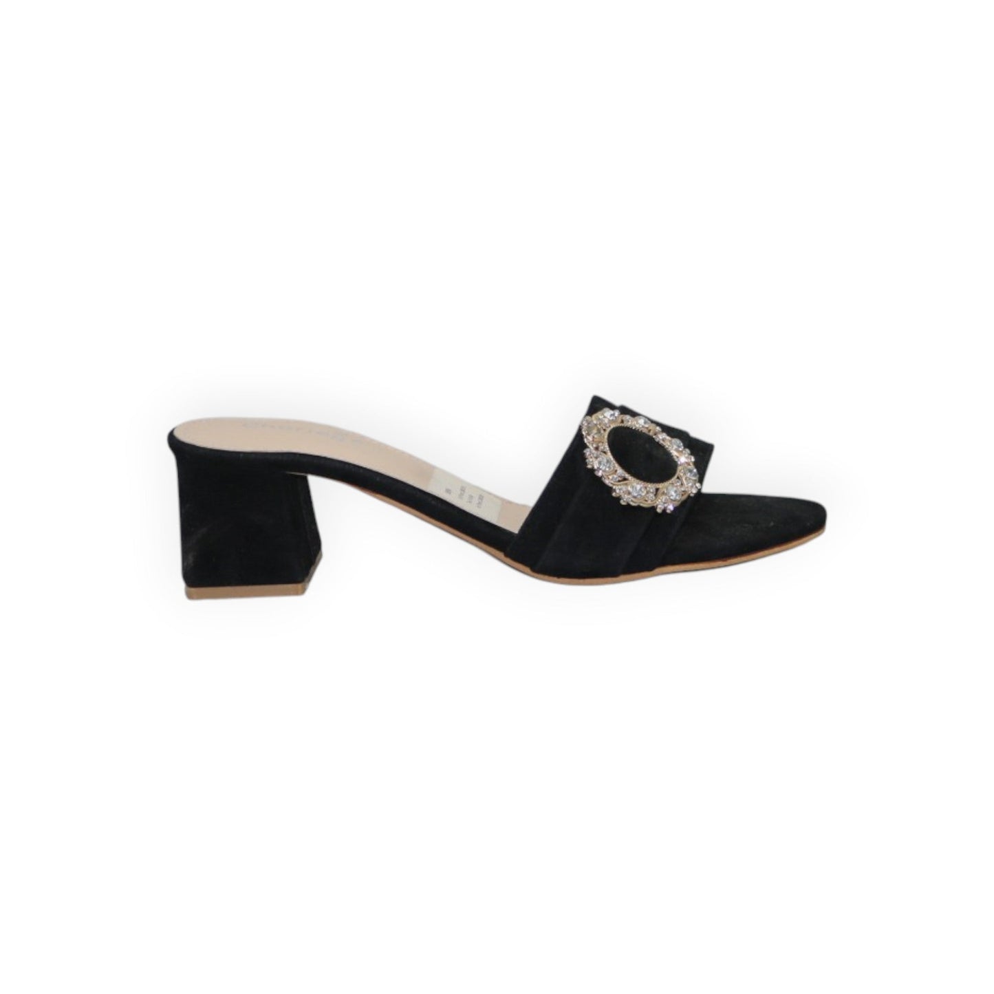 ARQS.PK 589N black suede block heel slide sandal featuring a decorative crystal-embellished oval buckle