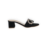 ARQS.PK 589N black suede block heel slide sandal featuring a decorative crystal-embellished oval buckle