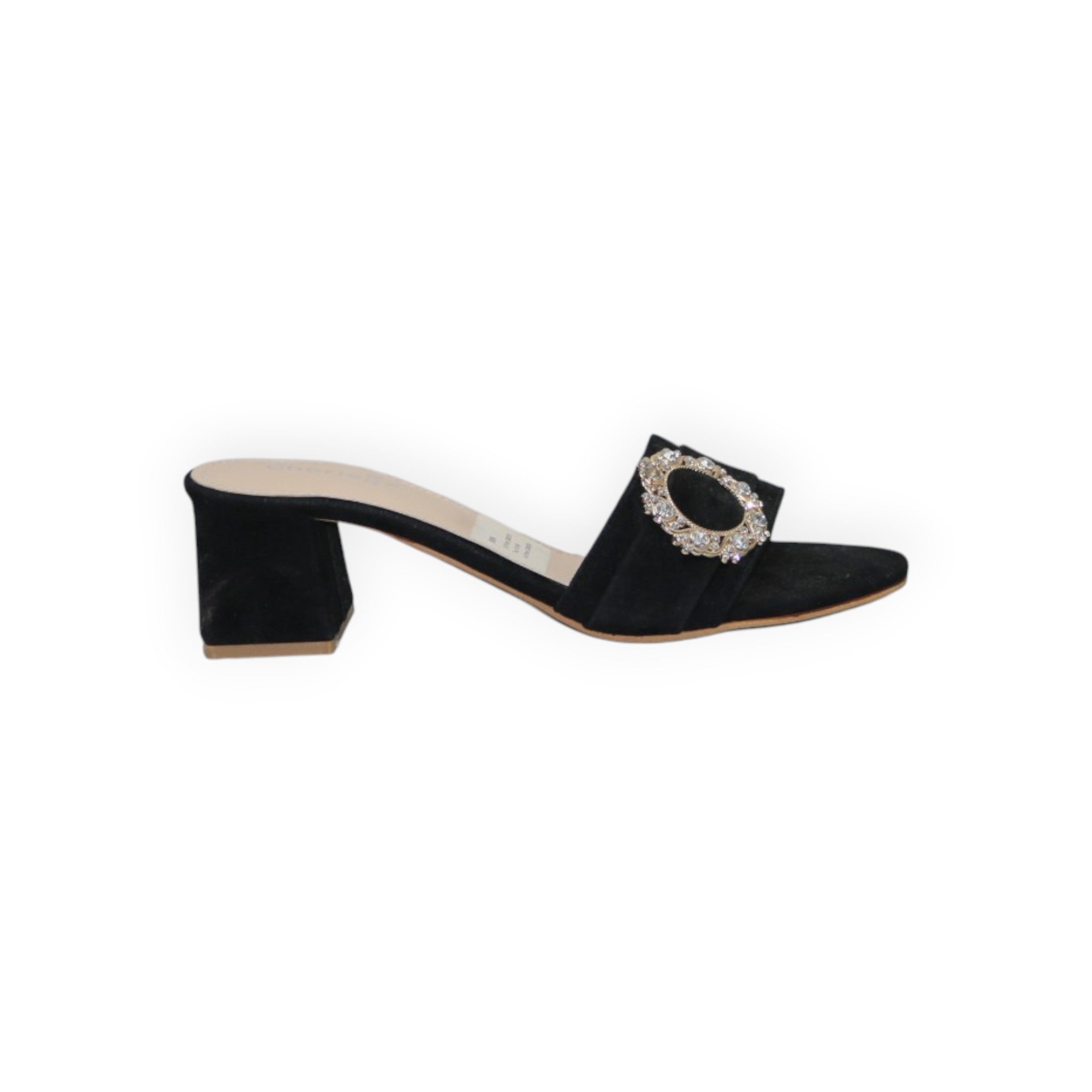 ARQS.PK 589N black suede block heel slide sandal featuring a decorative crystal-embellished oval buckle