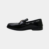 ARQS.PK 727 black patent leather loafer with metallic side logo detailing and a classic slip-on silhouette