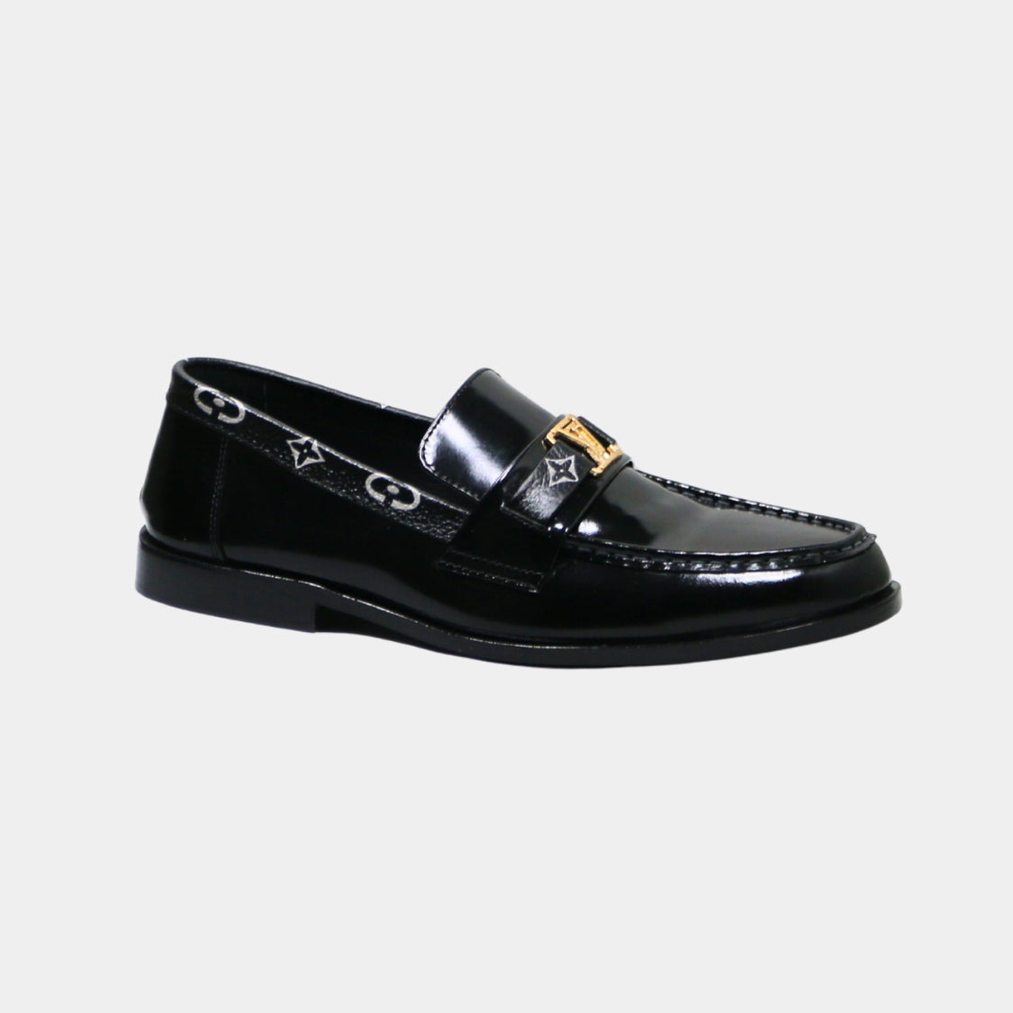 ARQS.PK 727 black patent leather loafers featuring a gold-tone metal bit and decorative monogram side detailing.