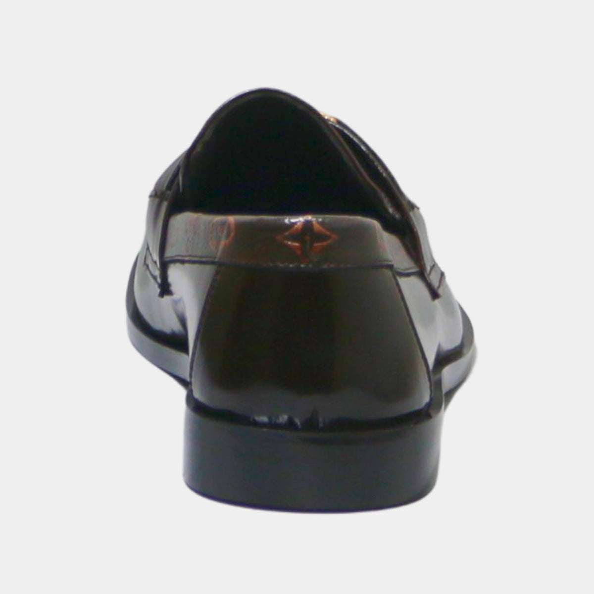 ARQS.PK 727 dark brown leather loafers viewed from the back, featuring a subtle embossed logo on the heel counter.