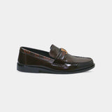 ARQS.PK 727 dark brown patent leather loafers with gold-tone metal hardware and monogram detail