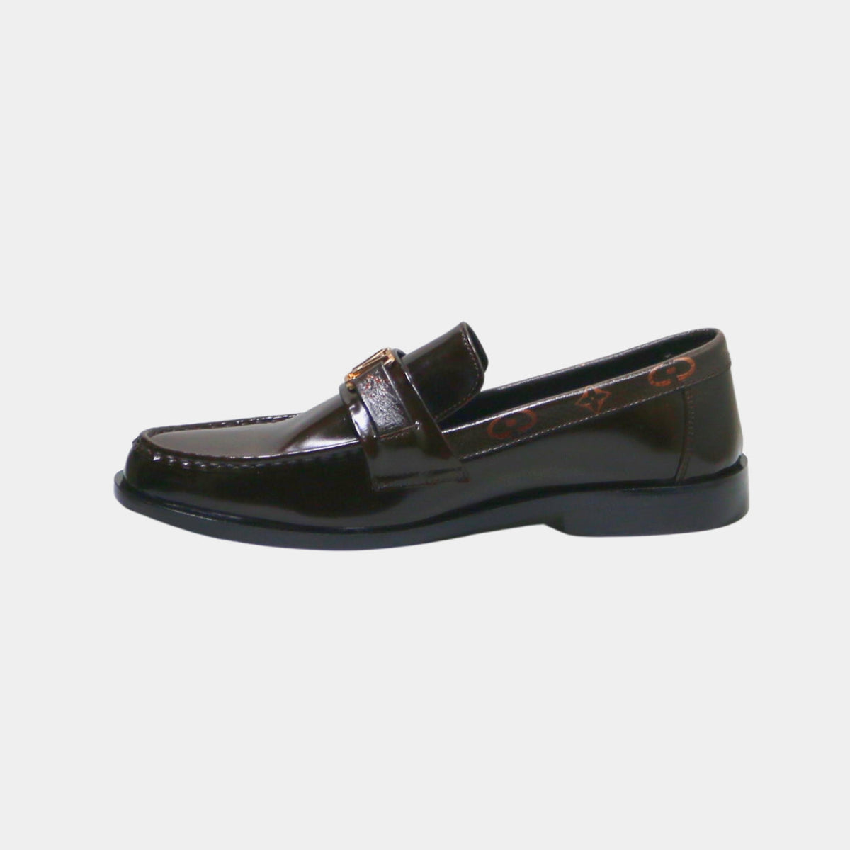 ARQS.PK 727 dark brown patent leather loafers with monogram pattern and gold-tone metal hardware detail.