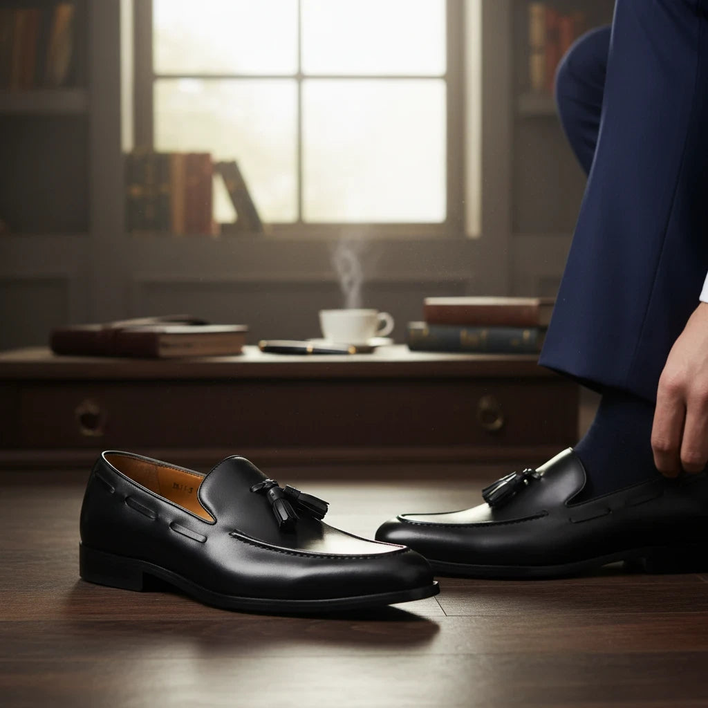 ARQS.PK 761N black leather tassel loafers worn with navy trousers in a sophisticated study setting.