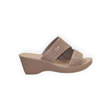 ARQS.PK beige wedge slide sandals with laser-cut detailing and a small sparkling butterfly embellishment on the strap.