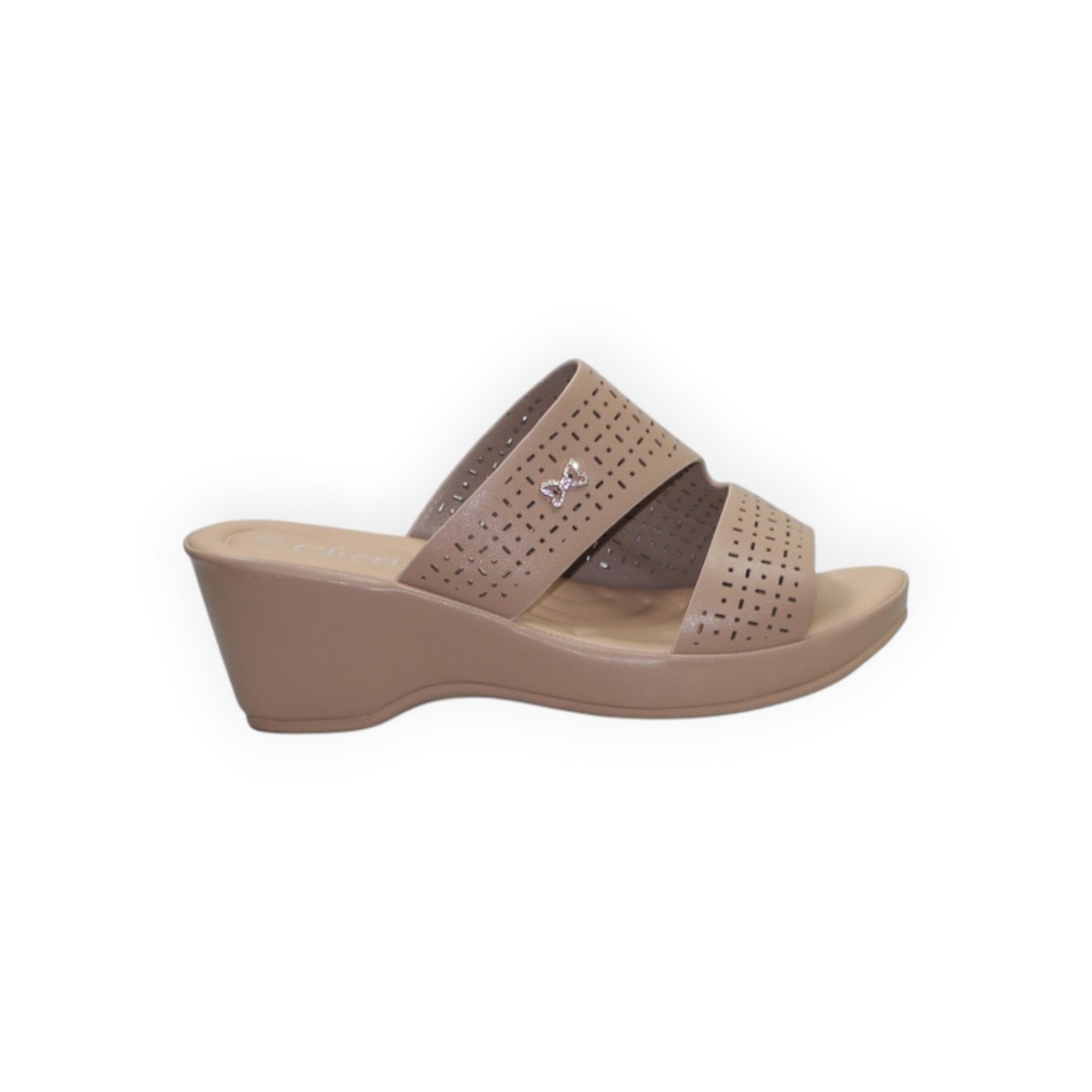 ARQS.PK beige wedge slide sandals with laser-cut detailing and a small sparkling butterfly embellishment on the strap.