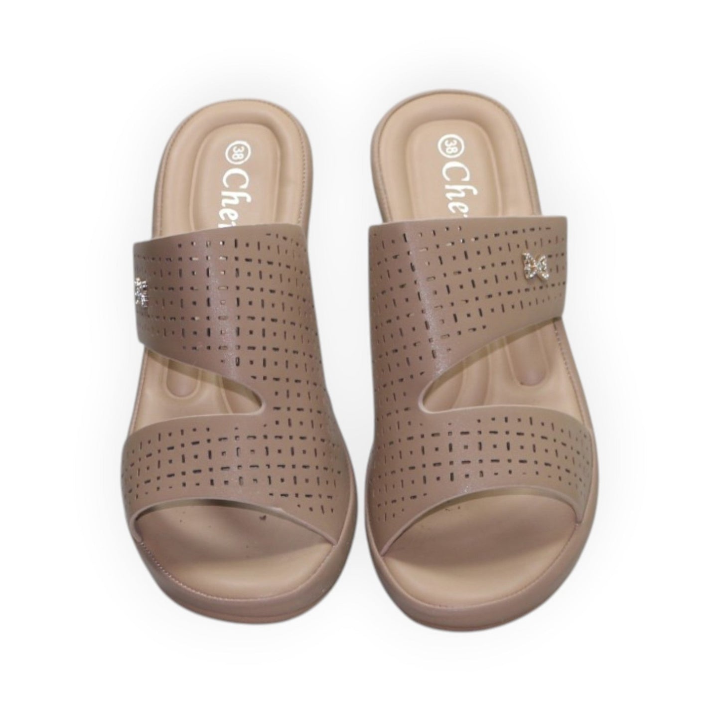 ARQS.PK beige wedge slide sandals with laser-cut detailing and a small butterfly embellishment on the strap