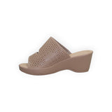 ARQS.PK beige wedge slide sandals featuring laser-cut detailing and a comfortable cushioned footbed.