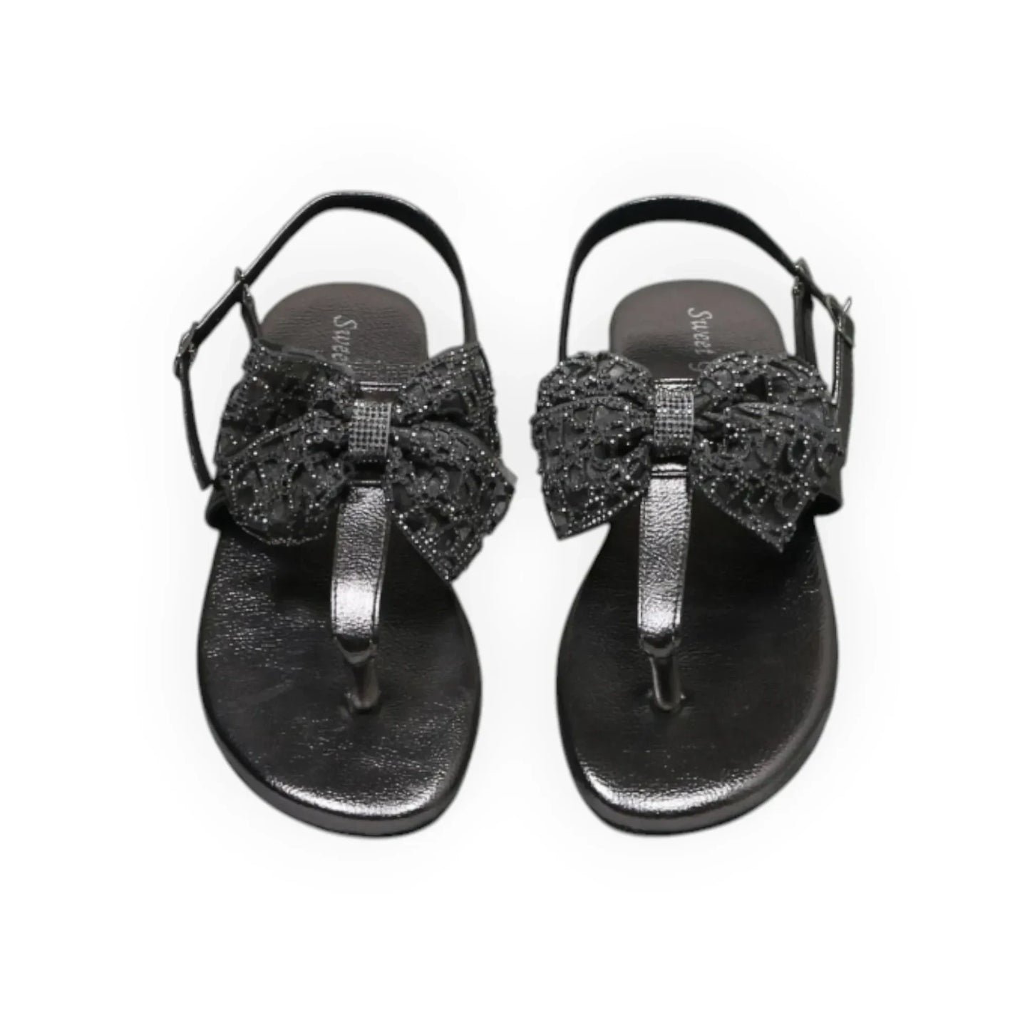 ARQS.PK black thong sandals featuring a decorative glittery bow with rhinestone center and adjustable ankle strap