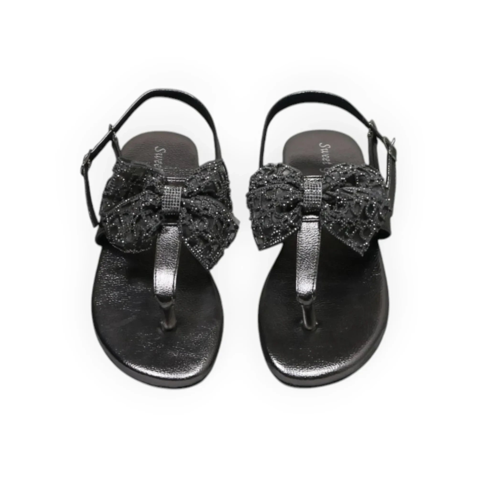 ARQS.PK black thong sandals featuring a decorative glittery bow with rhinestone center and adjustable ankle strap