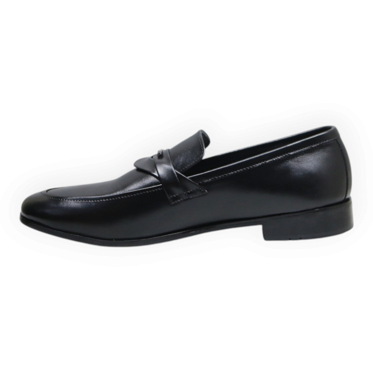 ARQS.PK black formal leather loafer with a sleek slip-on design and metallic strap detail on the vamp
