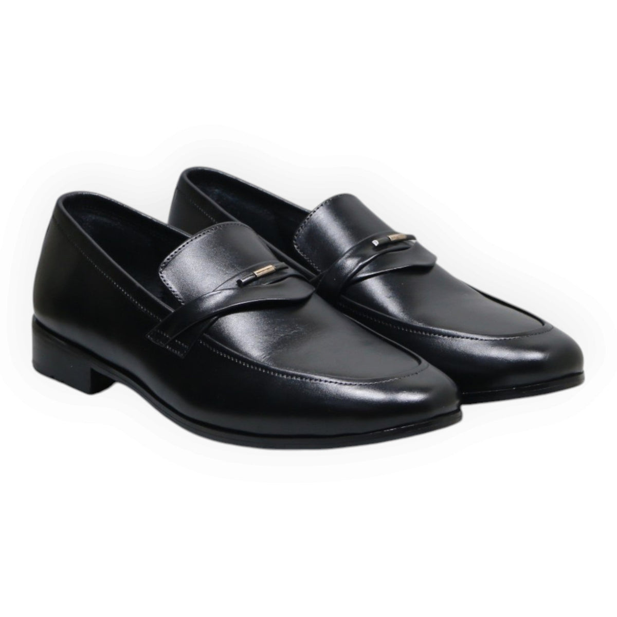 ARQS.PK men's black formal slip-on loafers in smooth synthetic leather with a metallic strap detail on the vamp.