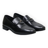 ARQS.PK men's black formal slip-on loafers in smooth synthetic leather with a metallic strap detail on the vamp.