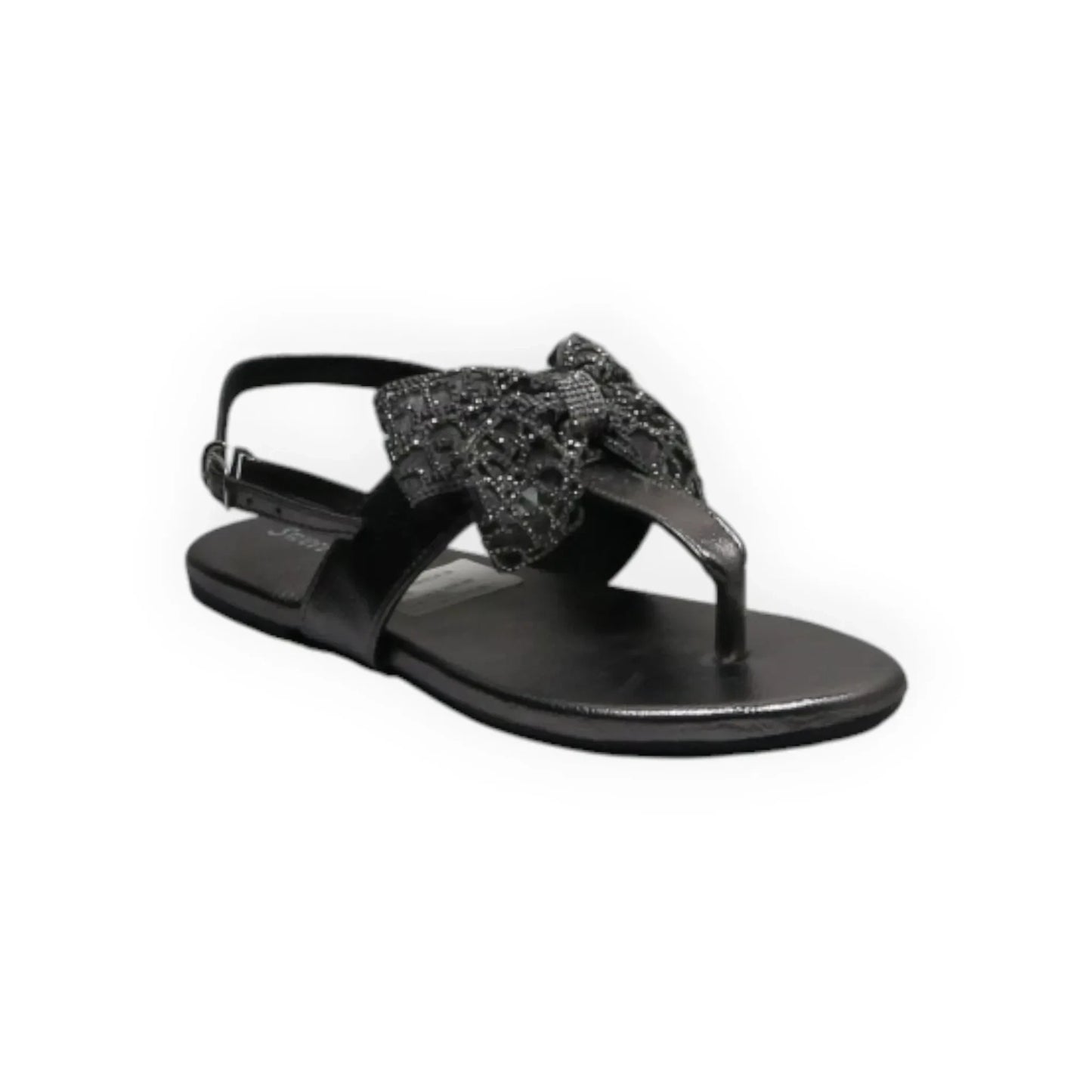 ARQS.PK black flat thong sandals featuring a decorative glittery bow detail and an adjustable ankle strap.