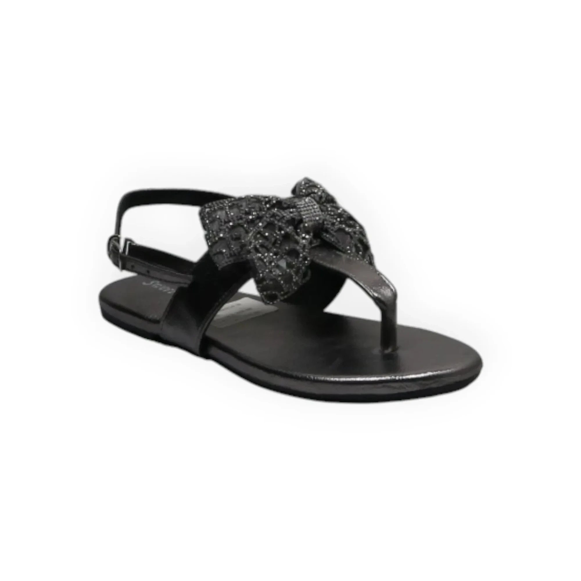 ARQS.PK black flat thong sandals featuring a decorative glittery bow detail and an adjustable ankle strap.