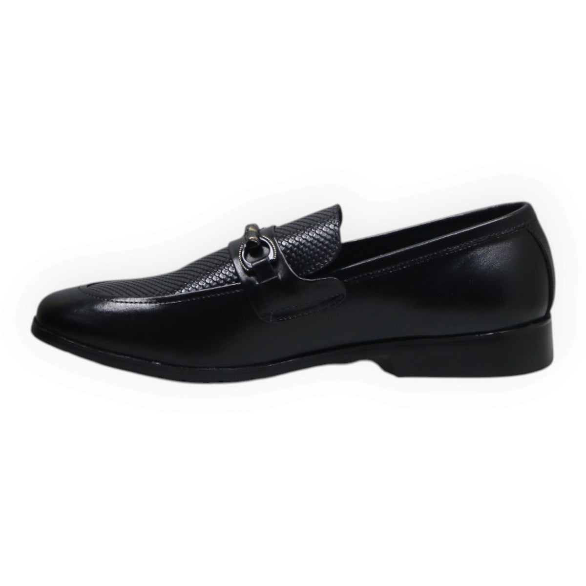 ARQS.PK black leather loafer dress shoe with textured vamp panel and metal bit detail in a side profile view