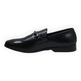 ARQS.PK black leather loafer dress shoe with textured vamp panel and metal bit detail in a side profile view