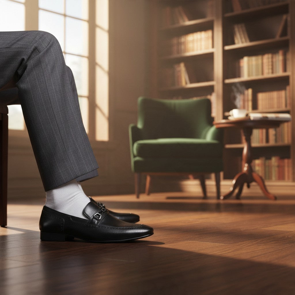ARQS.PK formal black leather loafers with metal bit detail worn with grey pinstripe trousers in a library setting