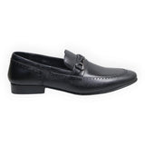 ARQS.PK black leather loafer dress shoe with textured vamp panel and silver metal bit detail on a white background