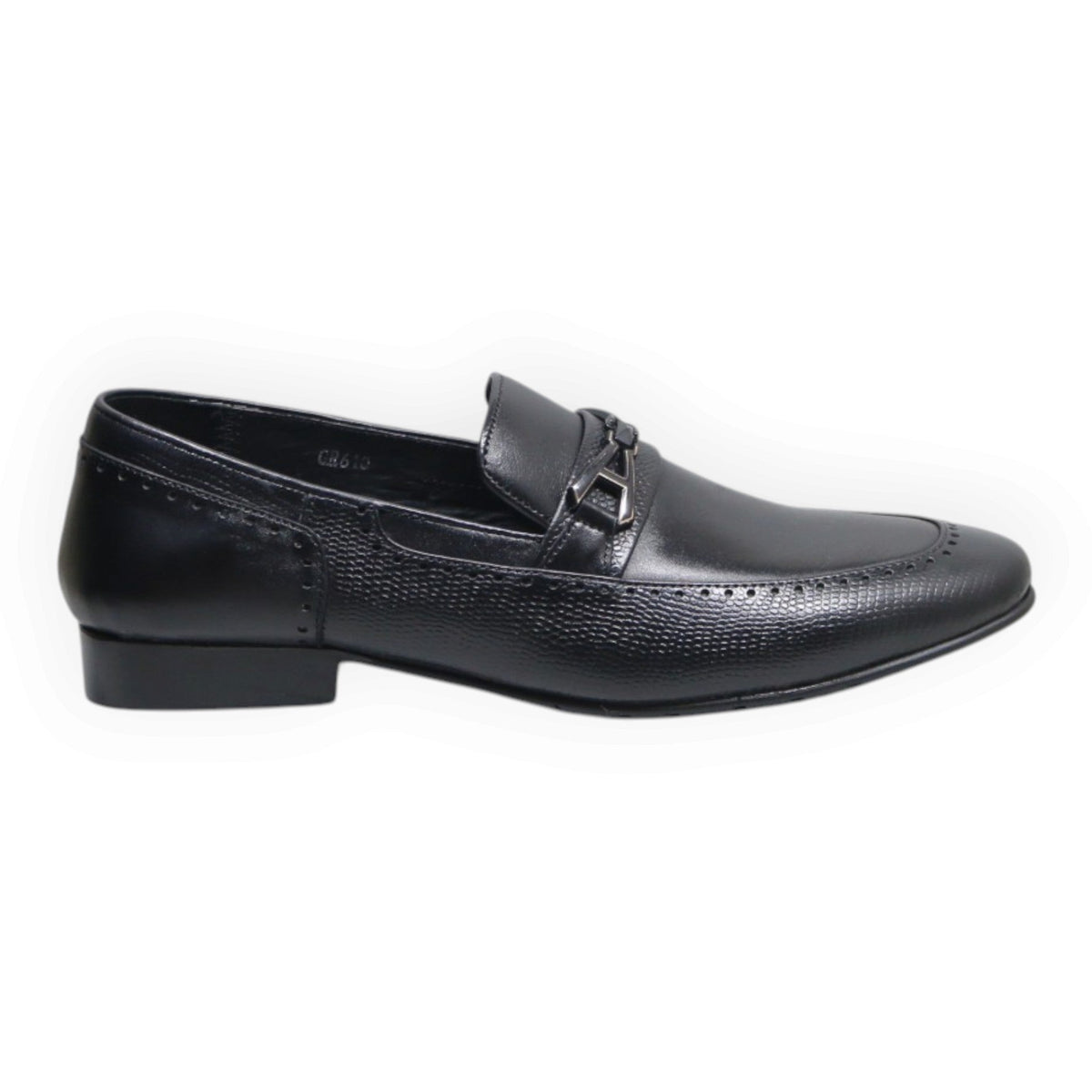 ARQS.PK black leather loafer dress shoe with textured vamp panel and silver metal bit detail on a white background