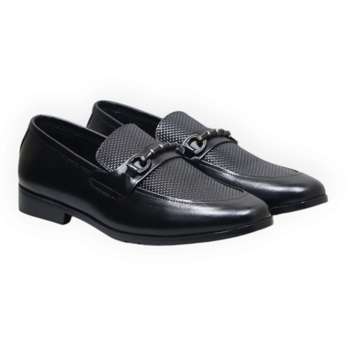ARQS.PK black leather formal loafers featuring a textured vamp panel and elegant metal bit detail on a white background