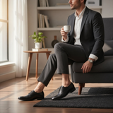 ARQS.PK black leather lace-up derby shoes worn by a man in a grey suit sitting in a sunlit office setting