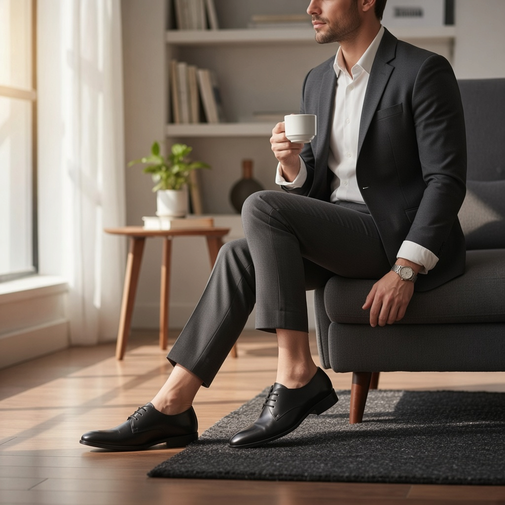 ARQS.PK black leather lace-up derby shoes worn by a man in a grey suit sitting in a sunlit office setting