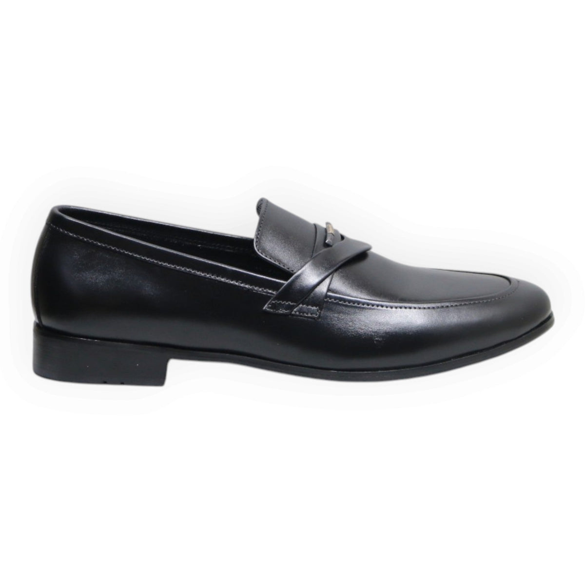 ARQS.PK black synthetic leather formal loafer with a sleek slip-on design and metallic strap detail