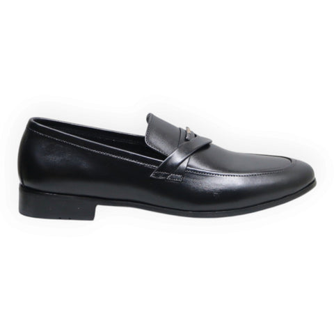 ARQS.PK black synthetic leather formal loafer with a sleek slip-on design and metallic strap detail
