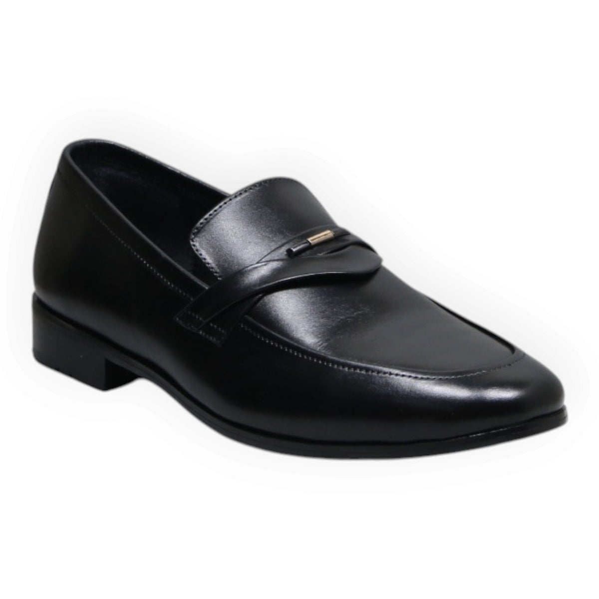 ARQS.PK black formal slip-on loafers with a sleek synthetic leather finish and metallic strap detail