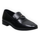 ARQS.PK black formal slip-on loafers with a sleek synthetic leather finish and metallic strap detail