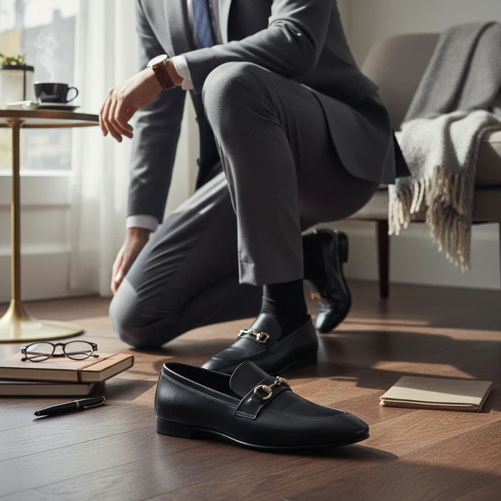 ARQS.PK black leather formal loafers with metallic horsebit detail worn by a man in a grey suit in a bright office.