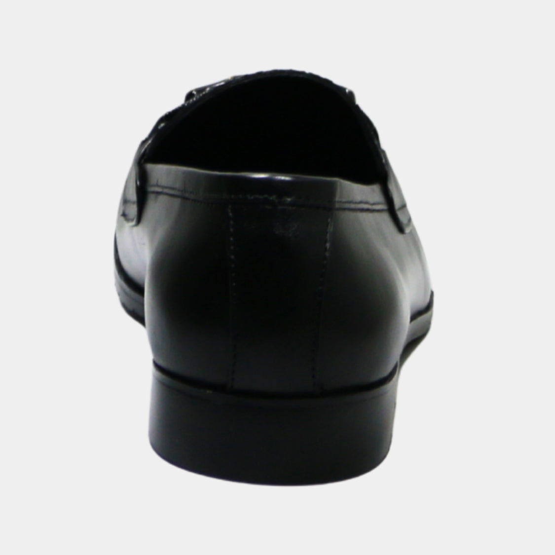Rear view of ARQS.PK black leather horsebit loafers showing the smooth heel and sturdy sole construction.