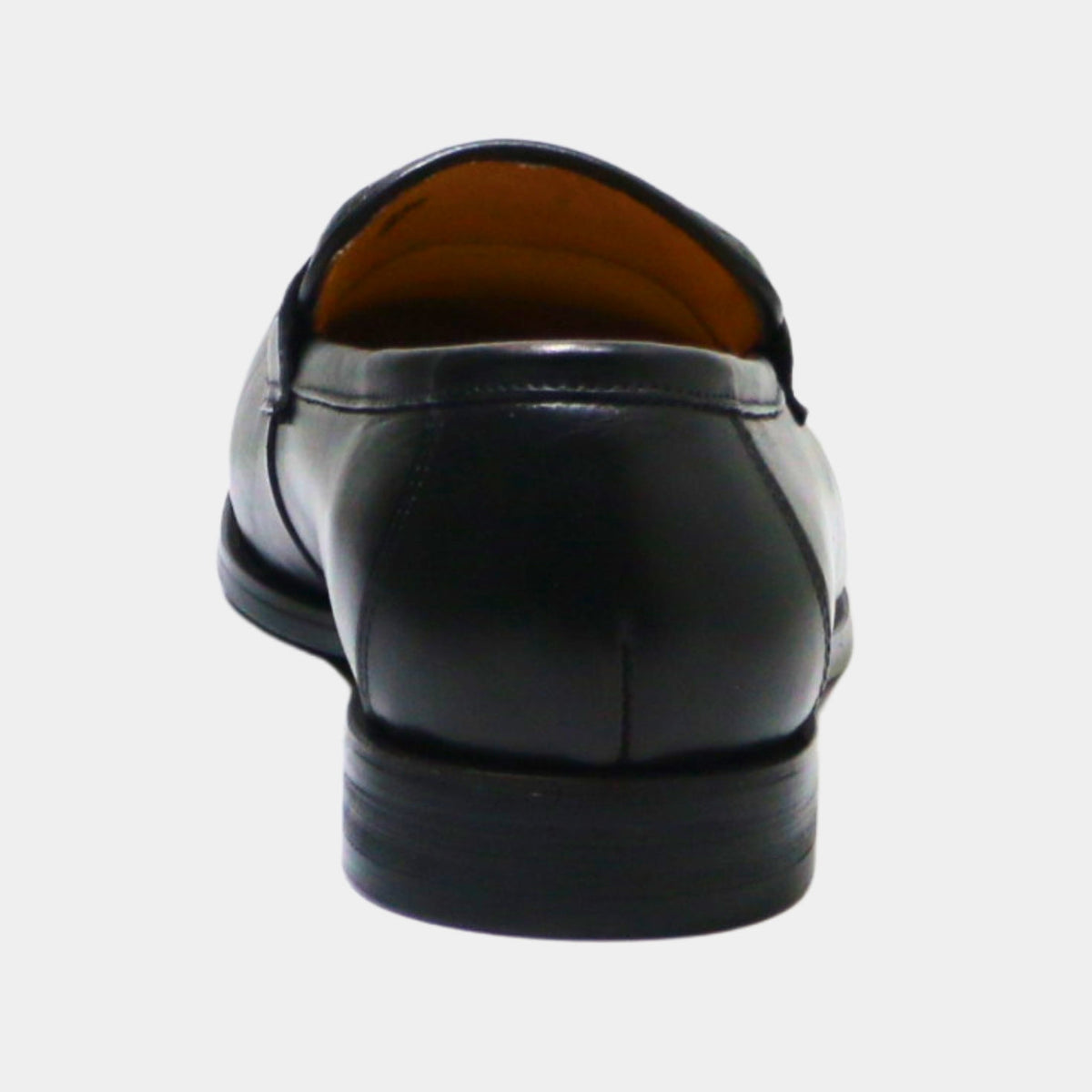ARQS.PK black leather penny loafer dress shoe, back view showing the heel and smooth leather construction.