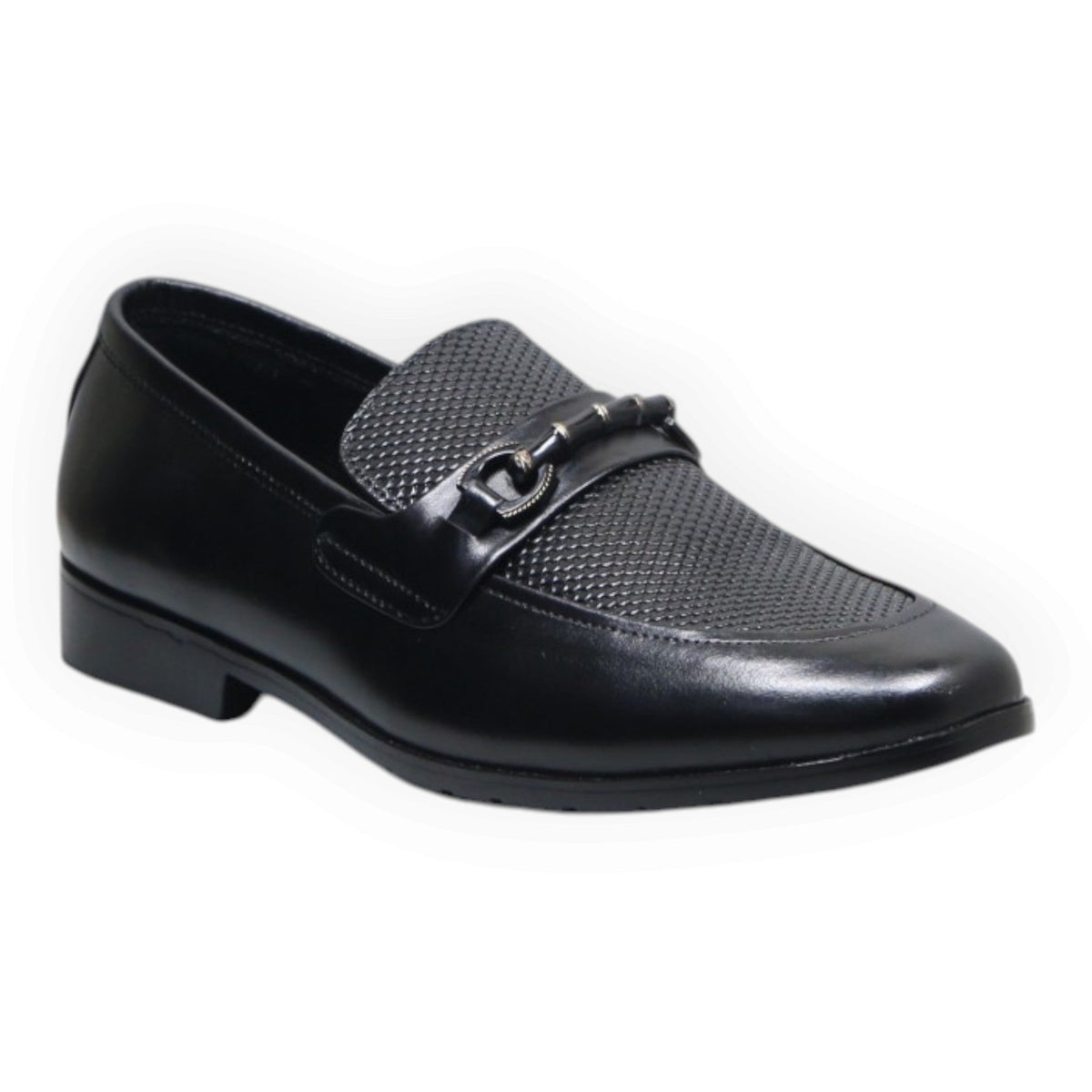 ARQS.PK black leather loafer dress shoe with a textured vamp panel and polished metal bit detail