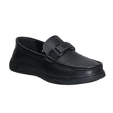 ARQS.PK 1710 black leather slip-on loafer with a textured finish and decorative strap detail
