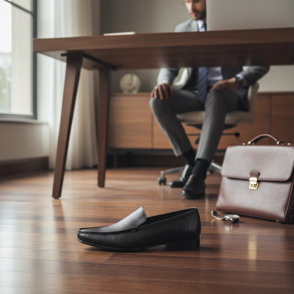 ARQS.PK black textured leather slip-on loafers on a wooden office floor with a businessman in the background.