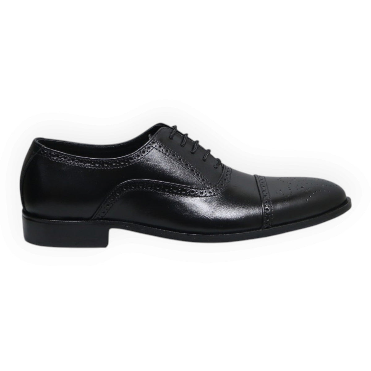 ARQS.PK 873N black leather oxford dress shoe with cap toe and brogue detailing in a side profile view