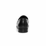 ARQS.PK black leather penny loafer dress shoe viewed from the back showing a polished finish and low heel