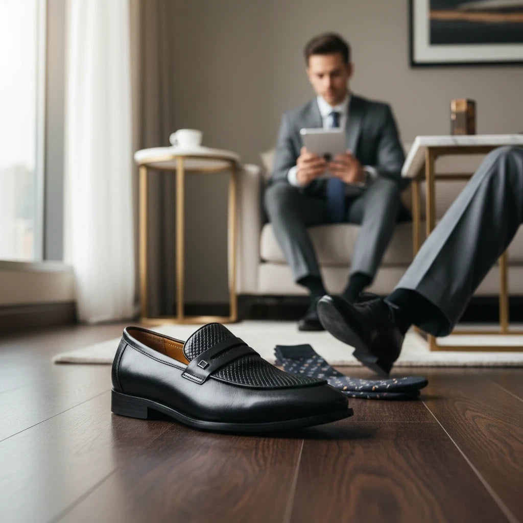 ARQS.PK black leather penny loafer with woven-effect vamp and metallic detail on a wooden floor in a modern office