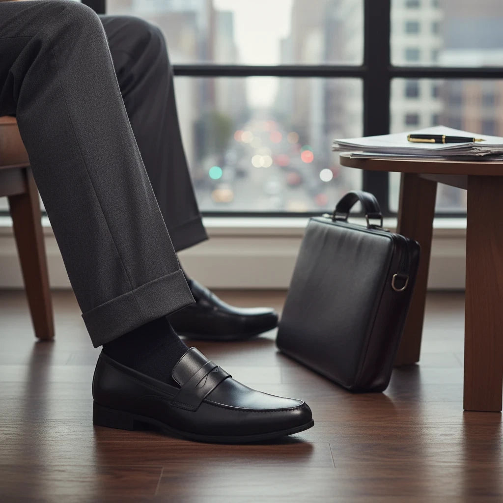 ARQS.PK black leather penny loafer dress shoes worn with grey trousers in a professional office setting.