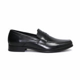 ARQS.PK black leather penny loafer dress shoe with a polished finish and traditional strap detail on the vamp.