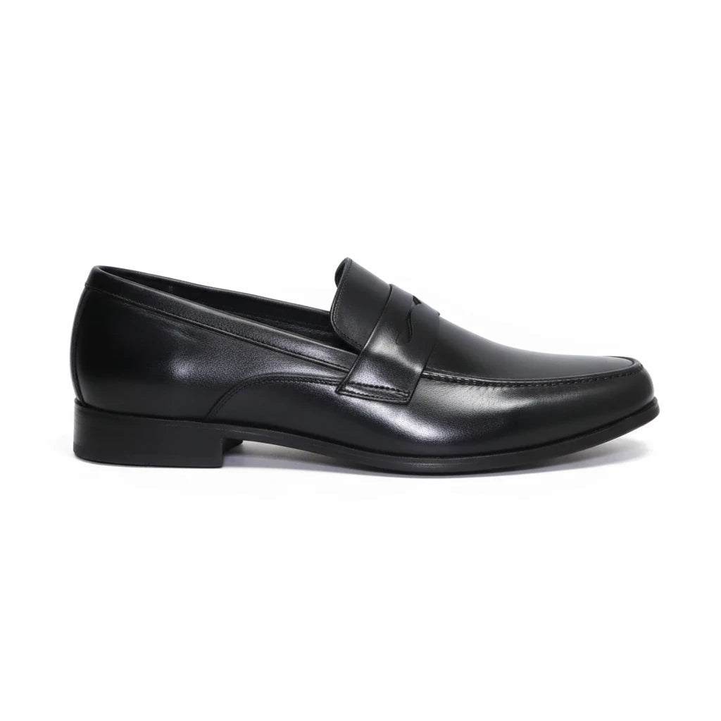 ARQS.PK black leather penny loafer dress shoe with a polished finish and traditional strap detail on the vamp.