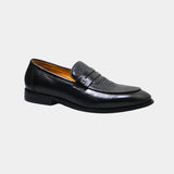 ARQS.PK black leather penny loafer with a textured woven-effect vamp panel and metallic strap detail.