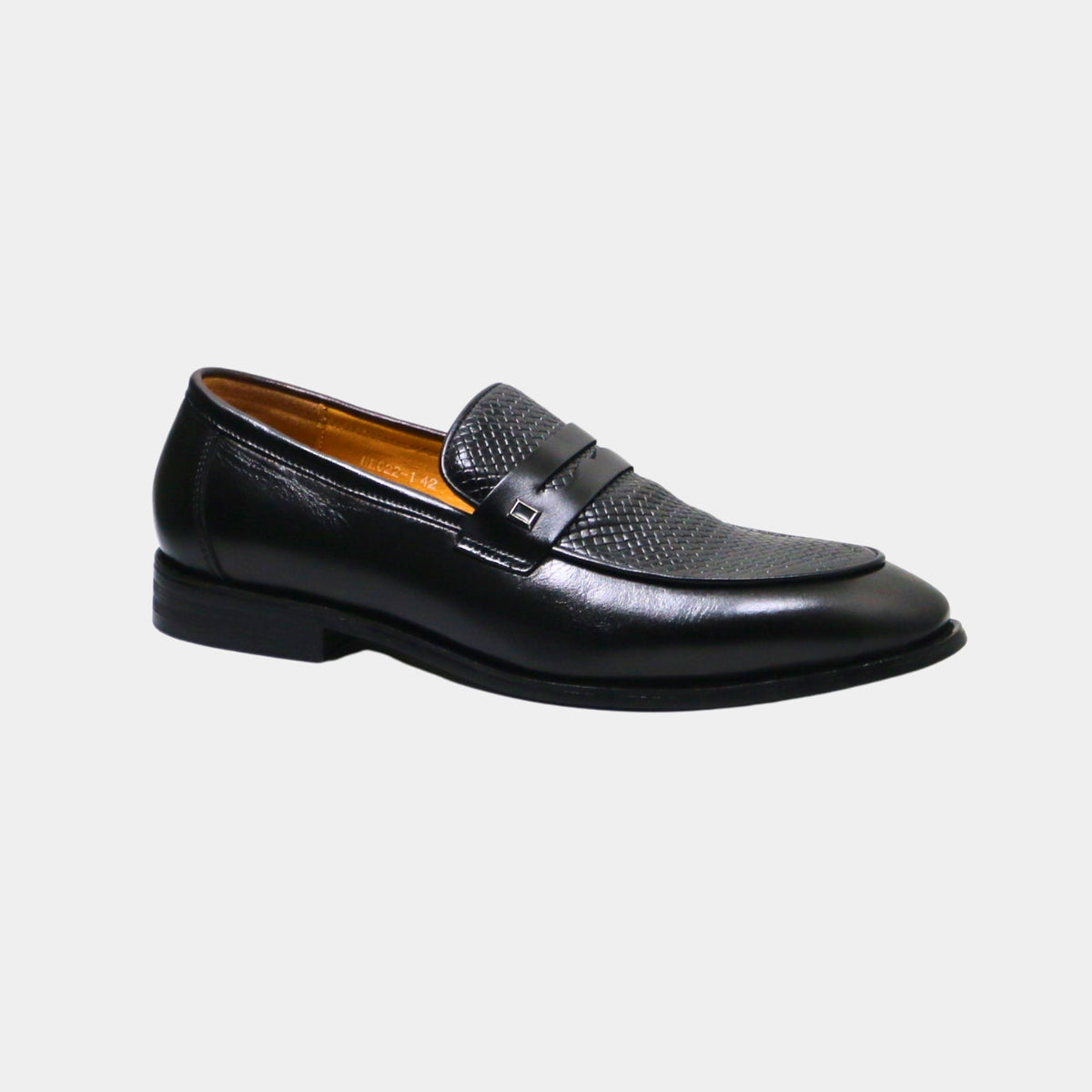 ARQS.PK black leather penny loafer with a textured woven-effect vamp panel and metallic strap detail.