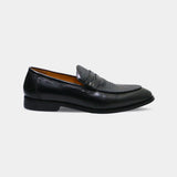 ARQS.PK black leather penny loafer with a textured woven-effect vamp and polished metallic strap detail.